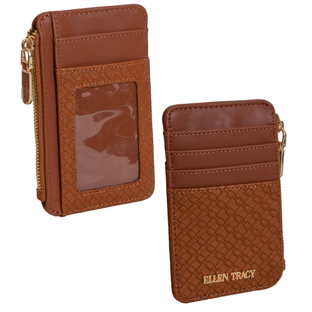 Ellen Tracy Cognac Basket Weave Zippered Card Holder